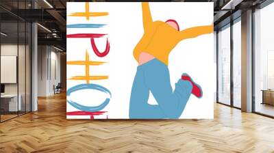 Urban dancer flat color vector faceless character and HipHop text. Breakdancing performance, b boying show and HipHop line. Hip hop contemporary dance performer bespoke animation illustration for grap Wall mural