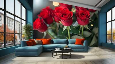 Beautiful bouquet of red roses in soft bokeh background, perfect for romantic occasions and floral designs Wall mural