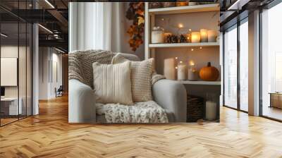 Cozy Autumn Living Room with Warm Decor and Colorful Foliage in Background Wall mural