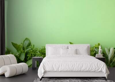 Fresh green herbs in a minimalist vibrant setting on a light green background. Artistic and detailed representation ideal for health, cooking, and lifestyle visuals. Wall mural