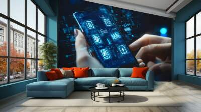 Futuristic mobile interface with digital icons, showcasing advanced technology features Wall mural