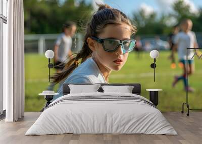 Young girl wearing protective eyewear plays soccer on a sunny day highlighting children’s eye health and safety during sports activities Wall mural