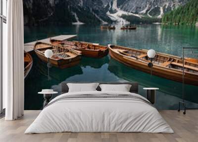 Lake Braies (Lago di Braies) in Dolomites Mountains, Boat hut on Braies Lake with Seekofel mount on background, Sunrise of Italian Alps, Naturepark Fanes-Sennes-Prags, Dolomite, Italy, Europe.
 Wall mural