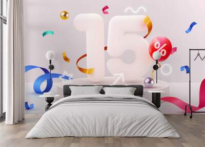 15 percent Off. Discount creative composition. 3d sale symbol with decorative objects, balloons, golden confetti, podium and gift box. Sale banner and poster. Wall mural