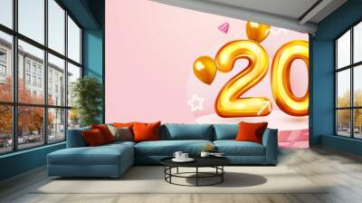 20 percent Off. Discount creative composition. Golden sale symbol with decorative objects, heart shaped balloons and gift box. Sale banner and poster. Wall mural