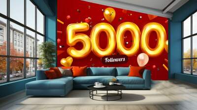 5k or 5000 followers thank you. Golden numbers, confetti and balloons. Social Network friends, followers, Web users. Subscribers, followers or likes celebration. Wall mural