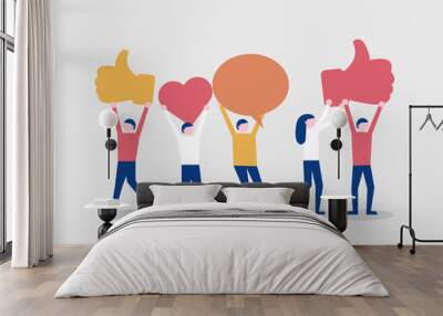 cartoon happy people hold likes. social media or network concept. vector illustration Wall mural