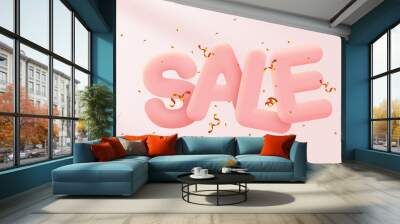 Great discount sale banner or poster design on bright pink background. Sale word composition with golden confetti. Wall mural