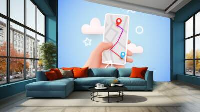 Hand holding phone with map and pointer. Mobile gps navigation and tracking concept. Background for web sites, banners. Location track app on touch screen smartphone. Wall mural