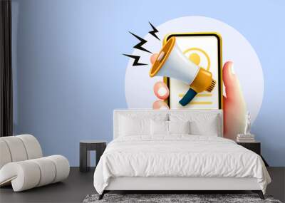 Hand phone megaphone, social advertising phone. Vector illustration Wall mural