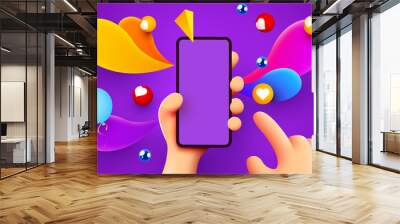 Holding phone in two hands. Phone mockup. Color explosion. Touching screen with finger. Wall mural