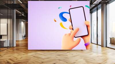 Holding phone in two hands. Phone mockup. Color explosion. Touching screen with finger. Wall mural