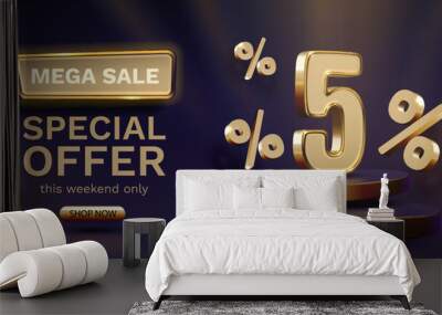 Mega sale, 5 special offer banner. Golden sign board promotion. Vector illustration Wall mural