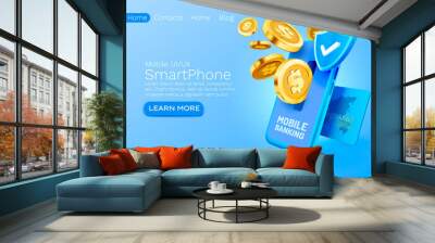 Mobile banking service, financial payment Smartphone mobile screen, technology mobile display light. Vector Wall mural