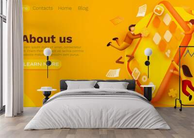 Modern banner template with tiny people and giant smartphone. mobile app design. User interface development concept. Small people building applications. Website template. Wall mural