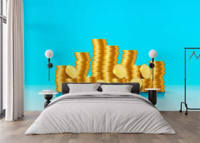 mountain of coins gold coins on blue background. Vector Wall mural