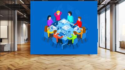 Office workers at work place concept. Coworking or brainstorm concept. Flat isometric vector illustration. Wall mural