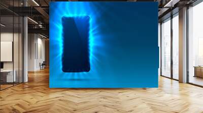 Phone in bright blue color, rays of light in the background. Wall mural