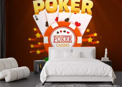 Poker table with the cards and chips on a gold background. Vector illustration Wall mural