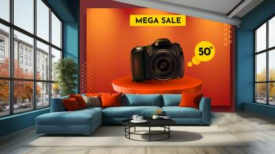 Sale social media post template with photo camera. Premium product stand. Special offer. Wall mural