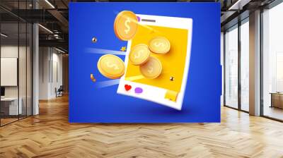 Social media photo frame with money explosion. Monetization concept. Wall mural