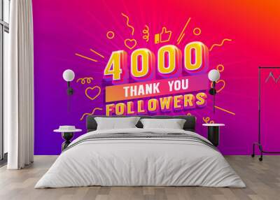 Thank you 4000 followers, peoples online social group, happy banner celebrate, Vector Wall mural