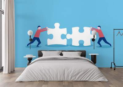 Two flat style people connecting puzzle elements. Business, teamwork and partnership concept. Vector illustration Wall mural