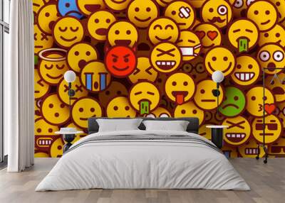 Yellow smiles background. Emoji texture. Wall mural