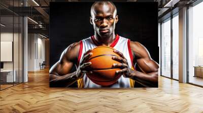 African American Basketball Player Holding Ball.  Portrait of a strong, muscular African American male basketball player holding an orange basketball. Wall mural