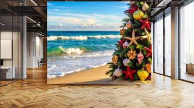 Christmas Tree on Tropical Beach with Seashells and Starfish Ornaments. This image captures the perfect blend of festive cheer and coastal charm, offering a unique twist to traditional holiday decor. Wall mural