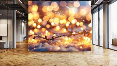 Festive golden fairy lights with beautiful bokeh creating a warm and magical atmosphere. Perfect for Christmas, holiday, or celebration themed designs. Wall mural