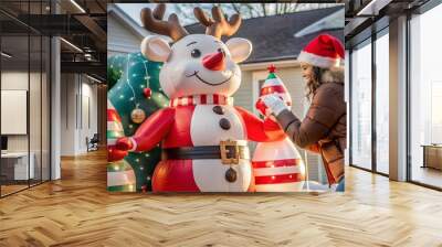 Festive Inflatable Decorations in a Snowy Yard.  Wall mural