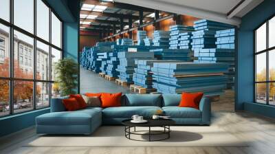 Industrial Warehouse with Stacks of Blue Metal Sheets. A spacious industrial warehouse filled with neatly stacked blue metal sheets. Wall mural