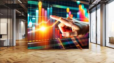 Touching the Future: Exploring Digital Financial Growth. This captivating image showcases a hand interacting with a vibrant, futuristic digital graph interface. Wall mural