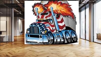 Patriotic American Flag Semi Truck Tractor Trailer Big Rig Cartoon Isolated Vector Illustration Wall mural