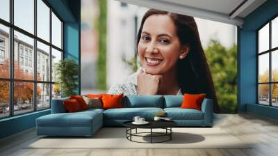 Smile, thinking and face of business woman with positivity, happy and confident attitude. Entrepreneur, pride and portrait of professional, creative designer or freelancer in outdoor garden park Wall mural