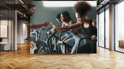 People, fitness coach and stationary bike at gym for exercise, training and workout with sweat. Cycling machine, energy and building muscles in cardio for health, self care and motivation in class Wall mural