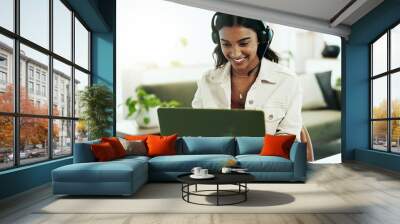 Smile, woman and laptop with headphones in call centre for customer service, telemarketing and sale agent. Happy, advisor and headset for communication, client questions or e commerce advice at house Wall mural