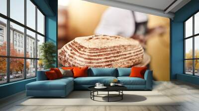 Bread, closeup and wood board for baker, small business owner and pastry kitchen workshop. Chef, confidence and catering for coffee shop, retail and cafe startup for restaurant industry store Wall mural