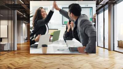 Business people, high five and meeting success, celebration and achievement of sales news, target or goals. Happy group applause, support and excited for bonus, winning or results on computer screen Wall mural