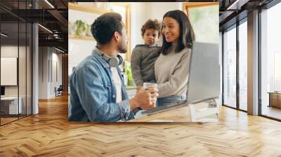 Kitchen, speaking and parents with a laptop, child and communication with internet connection, funny and chatting. Network, mother and father with technology, male child and conversation with humor Wall mural