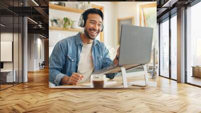 Remote work from home, talking and man with a laptop, video call or social media with online meeting. Male person, entrepreneur or employee with a pc, conversation or webinar with internet connection Wall mural