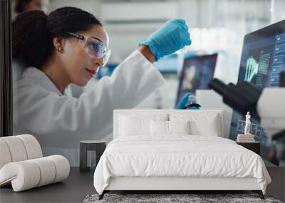 Glass vial, pipette and woman scientist in laboratory for medical study, research or experiment. Test tube, dropper and professional female person with chemical liquid for pharmaceutical innovation. Wall mural