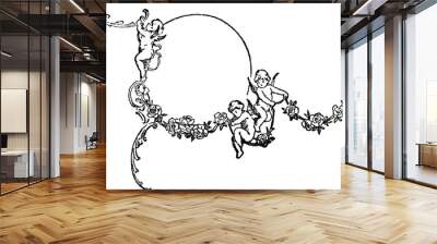 Cherubs with wreath, empty oval frame Vintage Engraved line art drawing black and white Illustration Wall mural