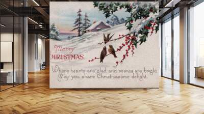 Christmas holiday vintage card birds on bayberry branch Wall mural