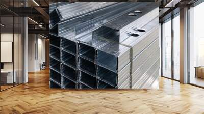 Rectangular aluminum profiles for hang drywall. Construction material for working with plasterboard and gypsum sheet. Stack of metal profiles in a warehouse Wall mural