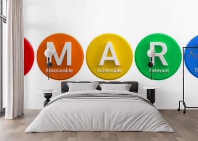 SMART - a strategy for setting goals and objectives - Specific, Measurable, Achievable, Relevant and Time-bound. Colored circles isolated on white background. 3D rendering Wall mural