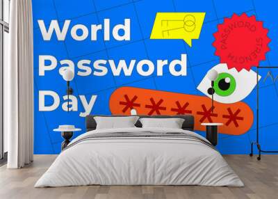 World Password Day vector illustration isolated on blue background. Security eye concept, key icon in speech bubble and password strength round sticker. Flat thin line style. Wall mural