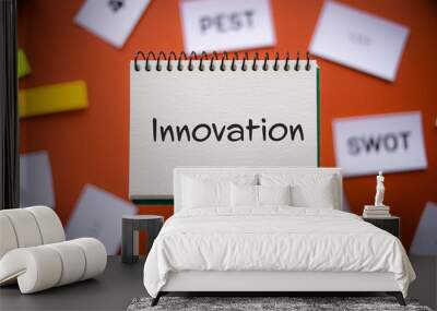 There is notebook with the word Innovation. It is as an eye-catching image. Wall mural