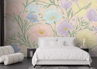 
A charming and delicate pastel-colored flower design pattern features a variety of blossoms in soft hues of pink, blue, purple, and yellow. The flowers are intricately intertwined with a touch of gre Wall mural